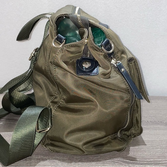 CLN Olive Green & Gold Tone Hardware Backpack Carry Bag 3 Front Pockets Dual Zip - Picture 4 of 10